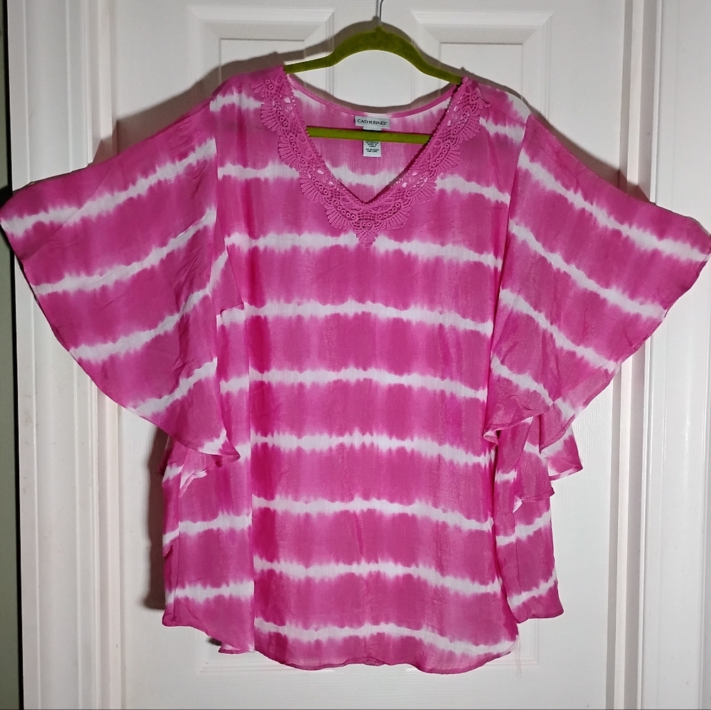 Catherines Tie Dye Striped Flutter Sleeve Top